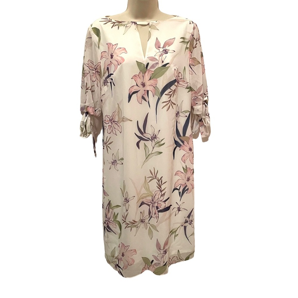 Truth & Fable White Floral Print Shift Dress with Sheer Tie Sleeves Size Small